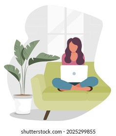 illustration of a woman working with a computer while sitting on the couch. Work from home. Flat vector illustration