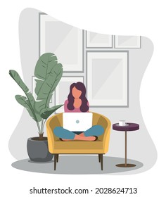 illustration of a woman working with a computer while sitting on the armchair. Work from home. Flat vector illustration