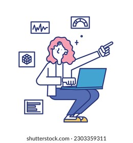 It is an illustration of a woman working in the data analysis profession.
