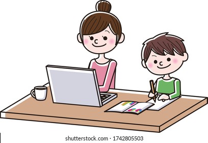 Illustration of woman working from home and child doing homework