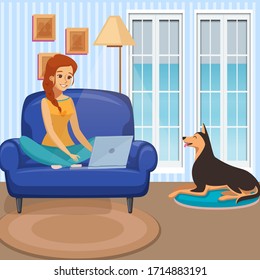 Illustration of woman working at home with her dog
