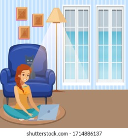 Illustration of woman working at home with her cat