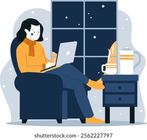 Illustration of a woman working from home with her laptop on the sofa because winter keeps her from going out. flat design vector with winter theme