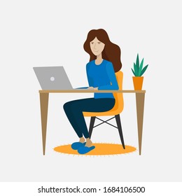 illustration of a woman working at home. Quarantine, freelance, distance education, online shopping theme. EPS 10