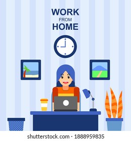 illustration of a woman working from home. using a flat design in blue and orange. Perfect to be used as part of poster designs, presentations, social media ads, websites, etc.