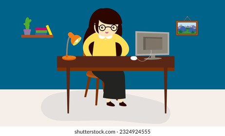 Ilustración de una mujer trabajando desde casa. Ilustración vectorial en estilo plano.