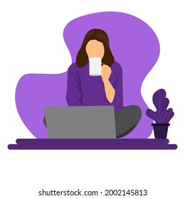 ILLUSTRATION OF A WOMAN WORKING FROM HOME WHILE DRINKING COFFEE