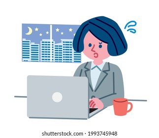 Ilustración de una mujer trabajando tarde