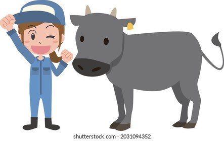 Illustration of a woman working in the livestock industry and a black beef cattle