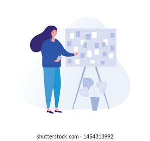 Illustration with a woman working in the office, making a presentation, negotiating and discussing business issues, developing ideas. Flat cartoon vector banners.