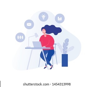 Illustration with a woman working in the office, making a presentation, negotiating and discussing business issues, developing ideas. Flat cartoon vector banners.