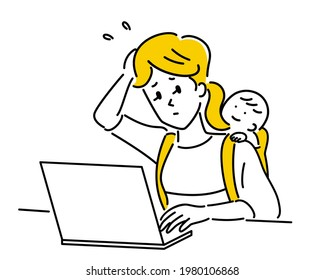 Illustration of a woman working on a computer while carrying a baby