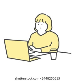 Ilustración de una mujer trabajando en una computadora en un café