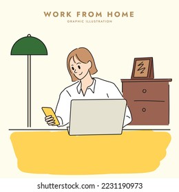 Illustration of a woman working on a laptop and cell phone at a desk