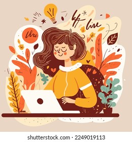illustration of woman working on laptop from home,  freelancer home office hygge concept  student flat vector cartoon