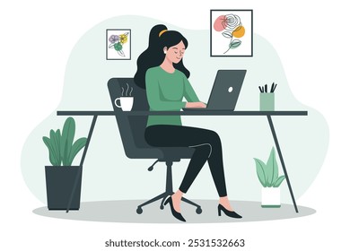 Ilustración de una mujer trabajando en una computadora portátil en un escritorio moderno con café y arte enmarcado, rodeado de plantas.