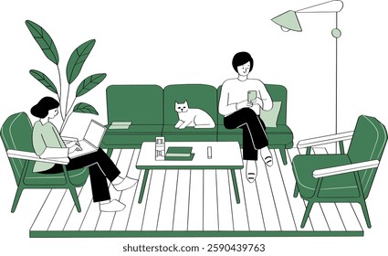 Illustration of a woman working on a laptop and a man using a smartphone in a minimalist living room with a green sofa and a white cat.