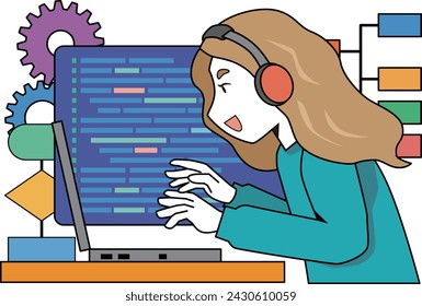 Illustration of a woman working on programming