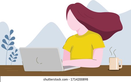 illustration of woman working on the table (work from home).