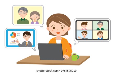 
Illustration of a woman working online on her laptop at home