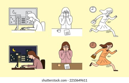 It is an illustration of a woman working overtime, a struggling office worker, a woman running late, and an office worker.