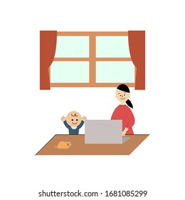 Illustration of woman working remotely while parenting.