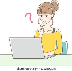 Illustration Of A Woman Worried About Operating A Computer