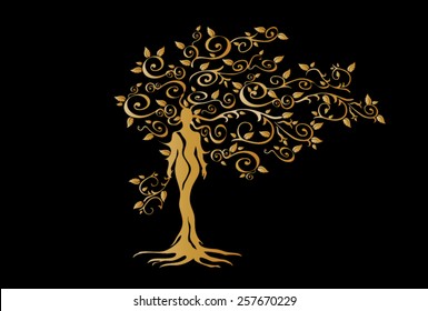 Illustration of woman in woven wood with beautiful branched crown, symbolizing the goddess of fertility and nature. Golden crown on a black background.