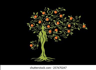 Illustration of woman in woven wood with beautiful branched crown, symbolizing the goddess of fertility and nature. Green crown with orange fruits on a black background.