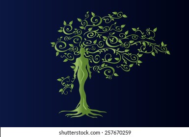 Illustration of woman in woven wood with beautiful branched crown, symbolizing the goddess of fertility and nature. Green crown on a blue background.