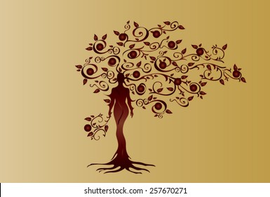 Illustration of woman in woven wood with beautiful branched crown, symbolizing the goddess of fertility and nature. Bordeaux crown of gold background.