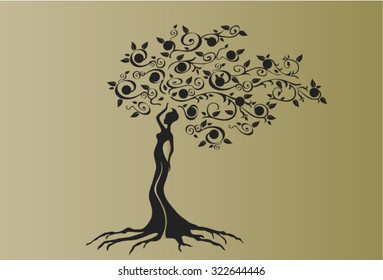 Illustration of woman in woven wood with beautiful branched crown, symbolizing the goddess of fertility and nature.