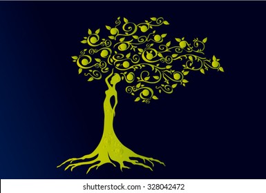 Illustration of woman in woven wood with beautiful branched crown, symbolizing the goddess of fertility and nature.