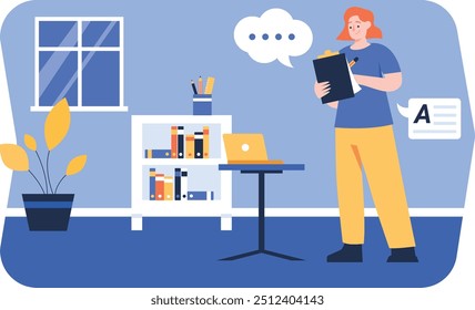 Illustration of a woman writing content, an energetic illustration that gives the impression of a creative and intelligent person. 