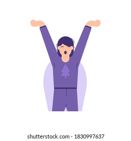 illustration of a woman yawning due to sleepiness or waking up. stretched his body by raising both hands. wearing a sweater or pajamas. activities of people. flat style. design elements