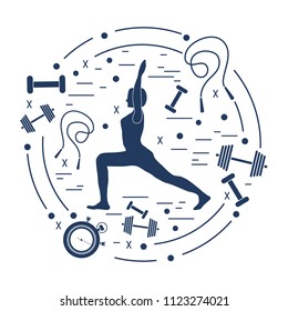 Illustration of woman yoga pose and different sports equipment. Healthy lifestyle.Design for banner and print.