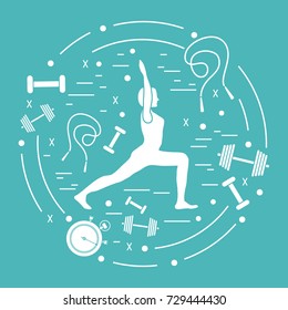 Illustration of woman yoga pose and different sports equipment. Healthy lifestyle.Design for banner and print.