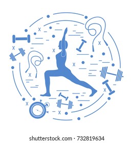 Illustration of woman yoga pose and different sports equipment. Healthy lifestyle.Design for banner and print.