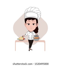 An Illustration Of A Woman's Character Reflecting The Chef In A Uniform And A Chef's Hat Showing His Cooking. Vector Cartoons That Can Be Used To Caricature Templates With Plain Backgrounds.