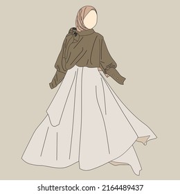 The illustration of a woman's clothing in a combination of greenish tops and bright skirts comes with a brown hood.