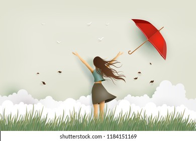 Illustration of  woman's day,Funny beautiful girl and red umbrella on the field .paper art and craft style.