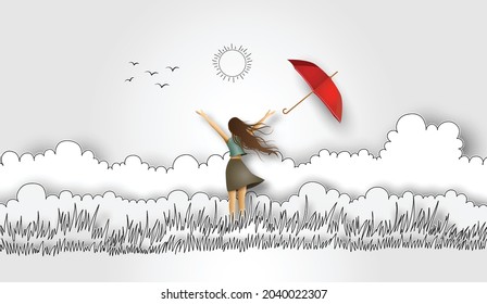 Illustration of  woman's day,Funny beautiful girl and red umbrella on the field .paper art and Hand drawing style.