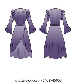 Illustration of a woman's dress, front and back view, with purple gradations