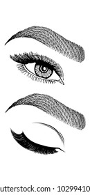 Illustration with woman's eye, eyebrows and eyelashes. Makeup Look. Tattoo design.