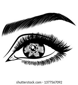 Illustration with woman's eye, eyelashes and eyebrow. Makeup Look. Tattoo design. Logo for brow bar or lash salon.