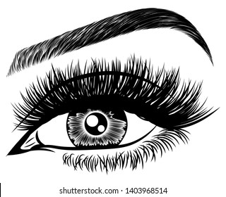 Illustration with woman's eye, eyelashes and eyebrow. Makeup Look. Tattoo design. Logo for brow bar or lash salon.