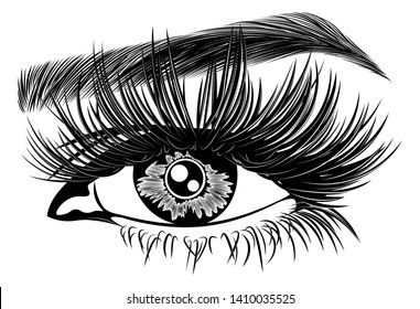 Illustration with woman's eye, eyelashes and eyebrow. Makeup Look. Tattoo design. Logo for brow bar or lash salon.