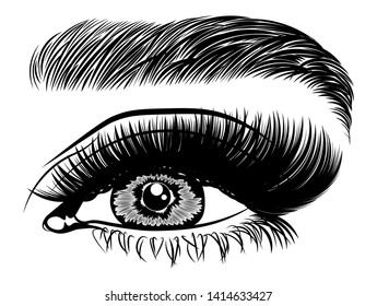 Illustration with woman's eye, eyelashes and eyebrow. Makeup Look. Tattoo design. Logo for brow bar or lash salon.