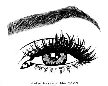 Illustration with woman's eye, eyelashes and eyebrow. Makeup Look. Tattoo design. Logo for brow bar or lash salon.