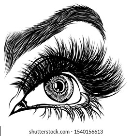 Illustration with woman's eye, eyelashes and eyebrow. Makeup Look. Tattoo design. Logo for brow bar or lash salon.